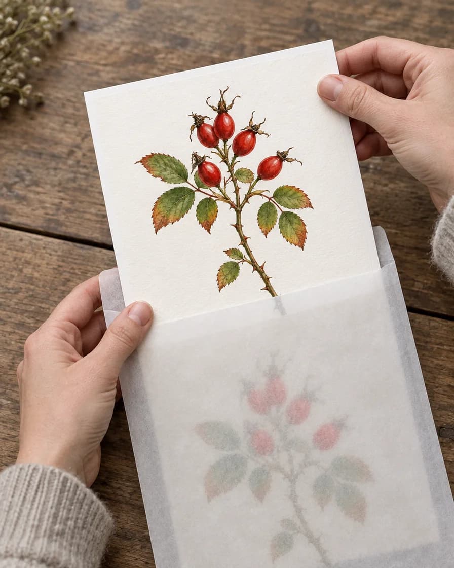 Hands sliding the print into a glassine sleeve