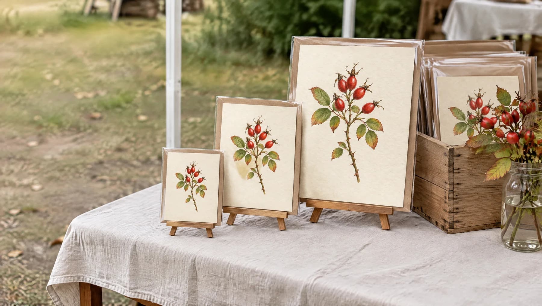 The print in three sizes on a market stall table